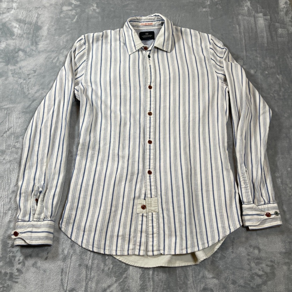 Scotch‎ & Soda Mens Button Down Shirt Size L Blue White Striped Long Sleeve
